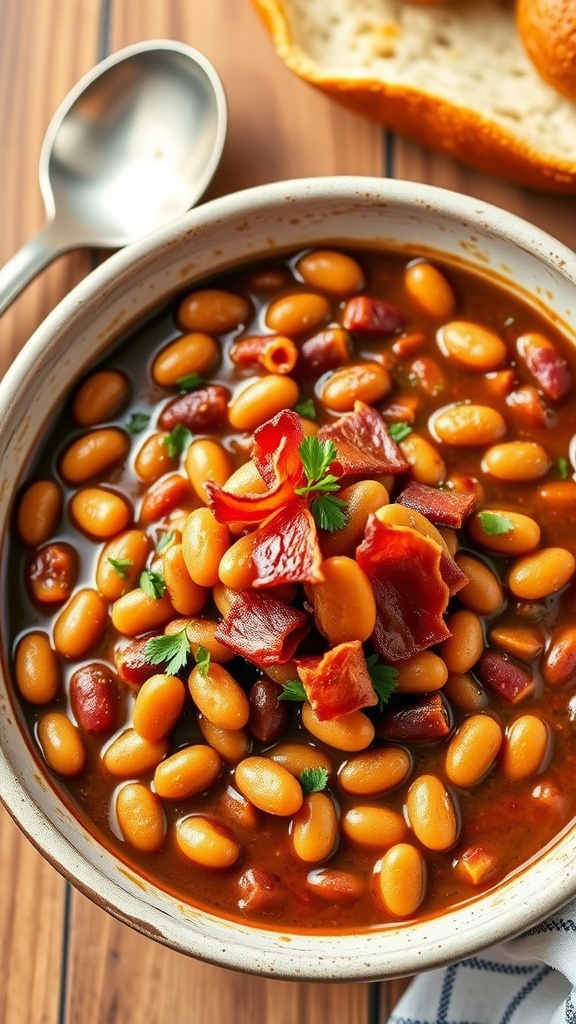 A delicious bowl of three bean baked beans with bacon, garnished with herbs, on a rustic wooden table.
